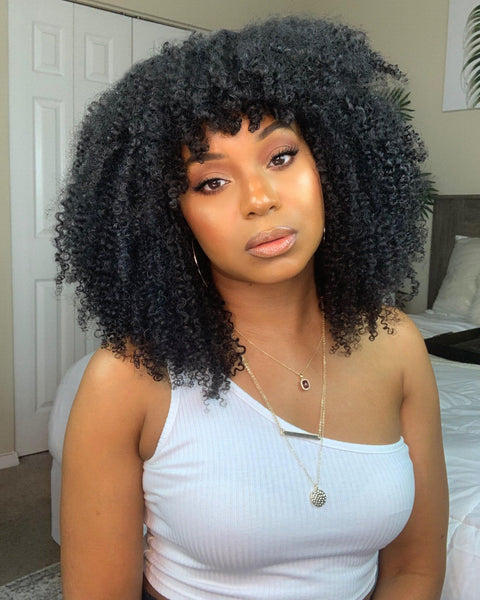 Afro Kinky Curly 100 Human Hair Wigs With Bangs 150 Density Scalp To NiaWigs