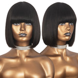 Bob Cut 100% Human Hair Wig With Bangs 150% Density Scalp Top None Lace Wigs