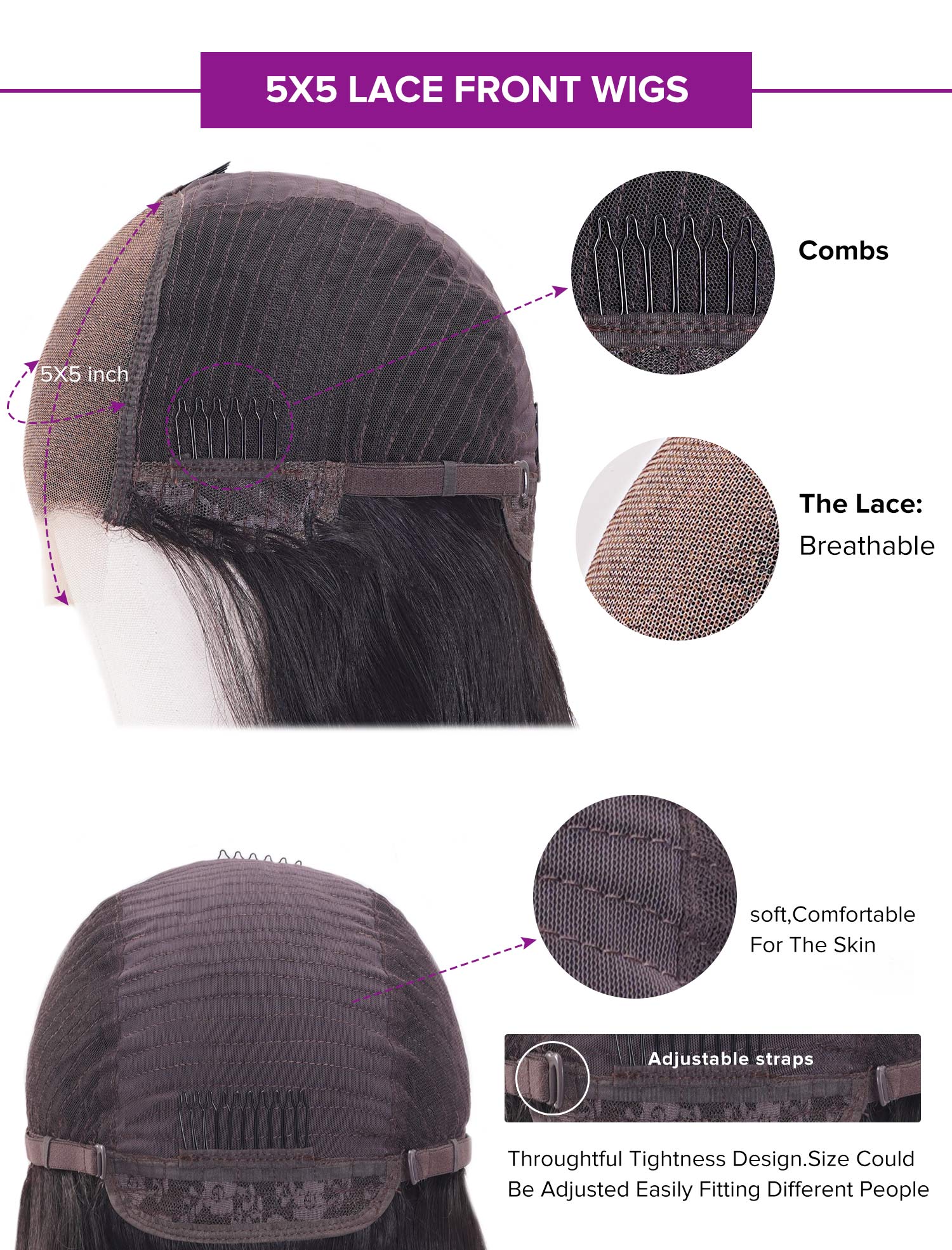 Add An Adjustable Wig Band & Nape Comb to My Wig Sale Black